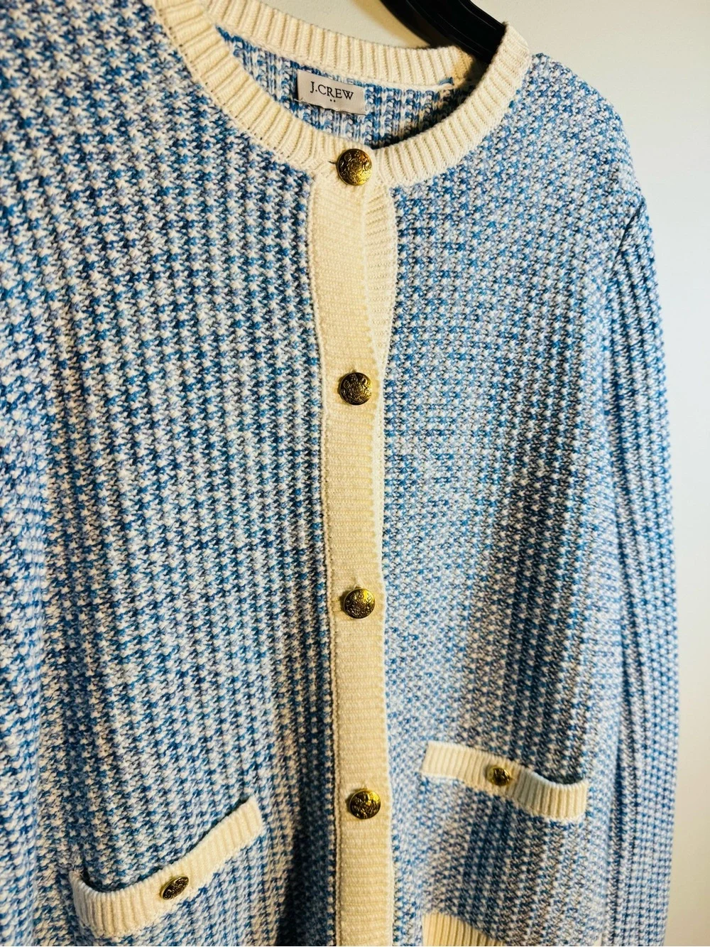 J. Crew Sz XXL* Light Blue Popcorn Stitch Cardigan Ivory Trim Gold Buttons